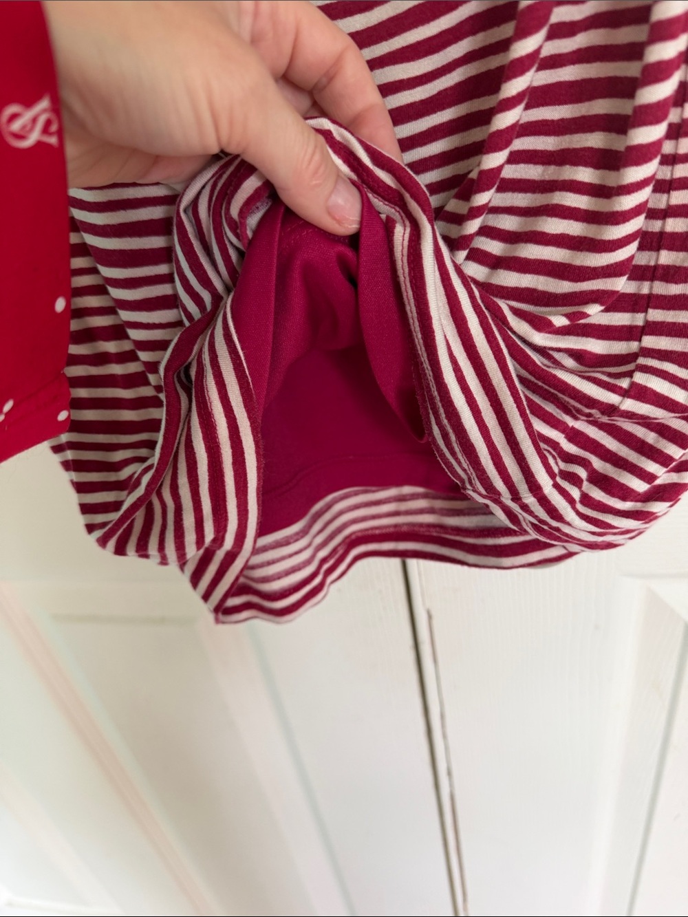 LOFT Wine Red and White Striped Cap-Sleeve Ruched Midi Dress - Picture 6 of 7